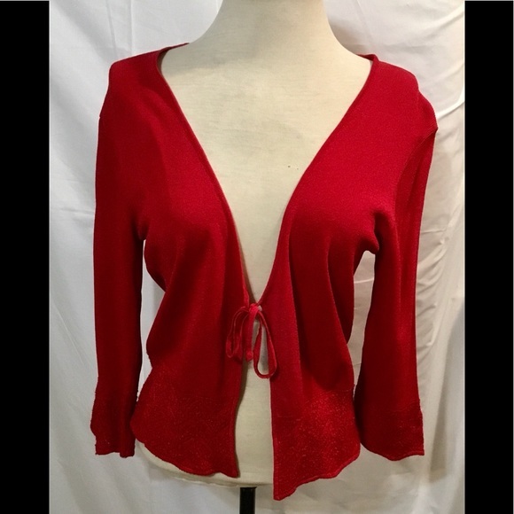 Finite Red Long Sleeve Open Front Top w/ Lace Detail - Picture 1 of 4